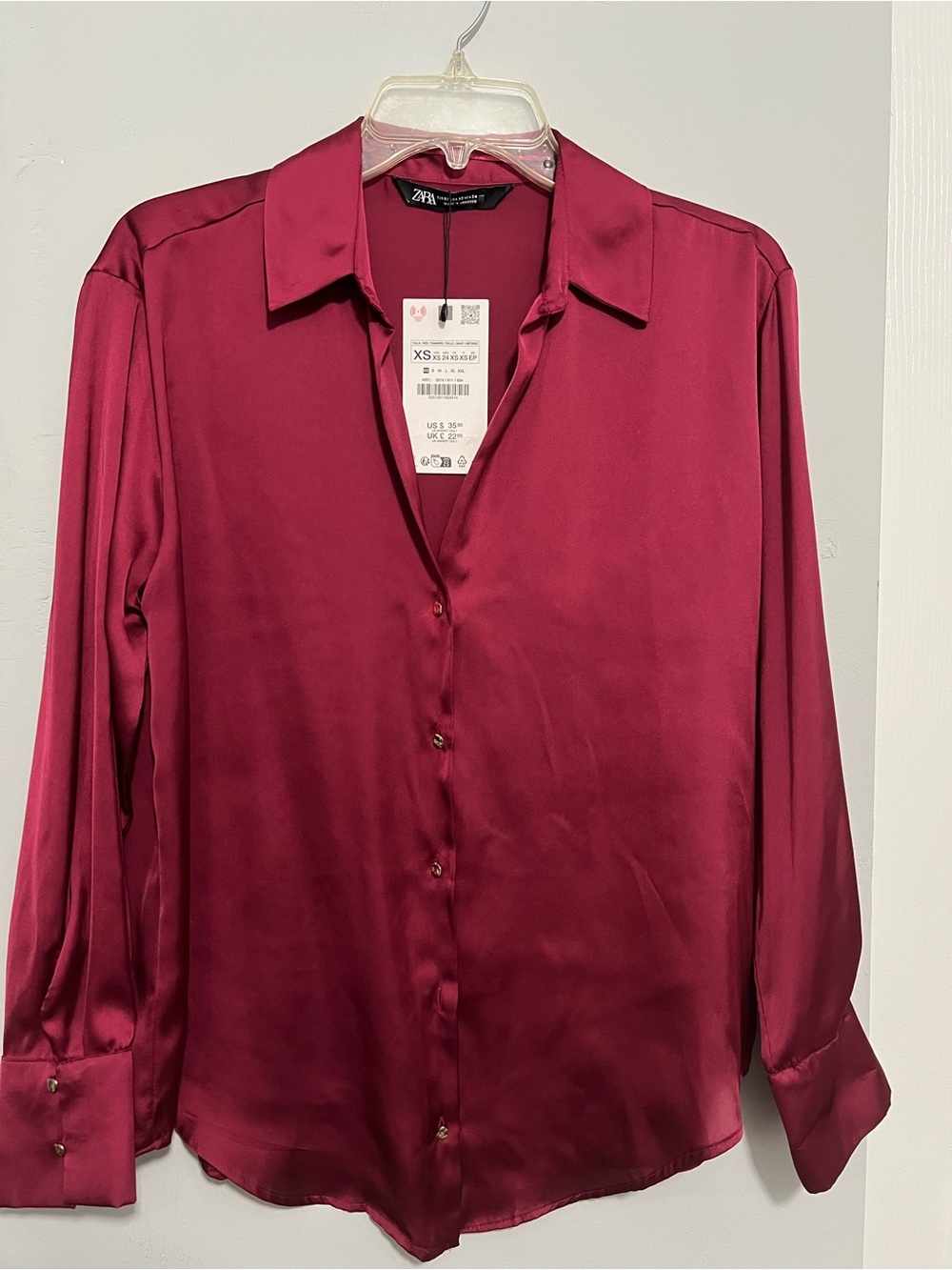 Zara Satin Button-Down Shirt in Deep Berry
